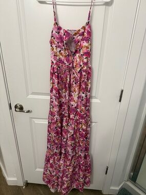 Pink Floral Maxi Dress with Tie Front cut out & backless